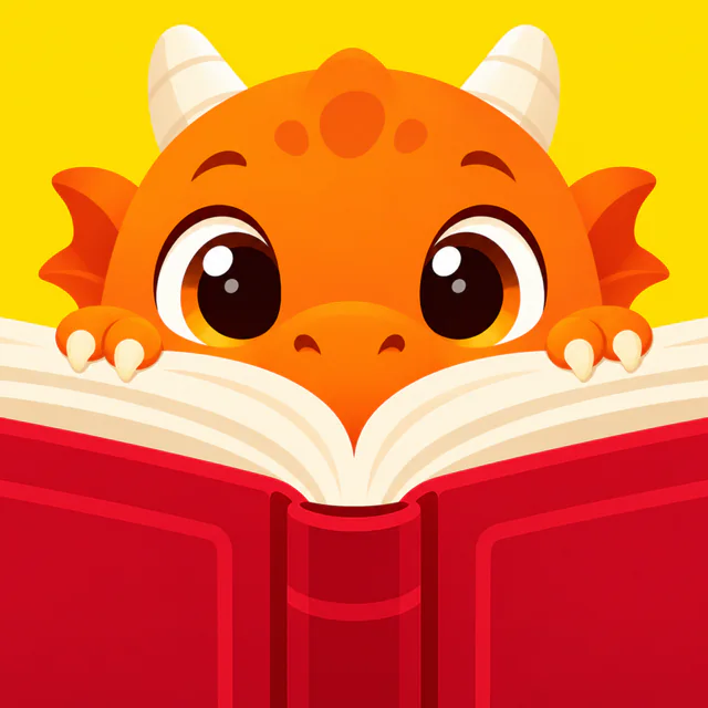 StudyTale のアプリアイコン。大きな赤い本の上から、オレンジ色の子ドラゴンが顔をのぞかせています。